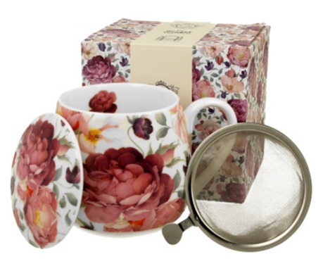 Porcelán rózsás szűrős teás bögre Spring Roses White