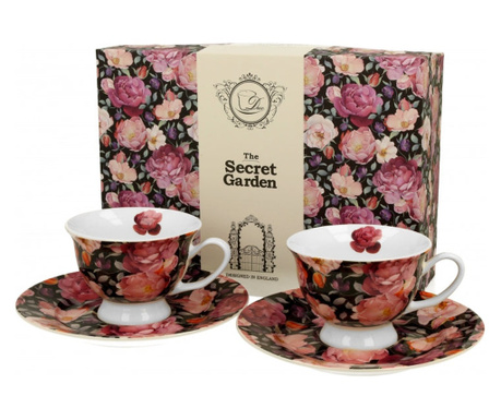 Rózsás porcelán kávés csésze aljjal két személyes szett Spring Roses Black