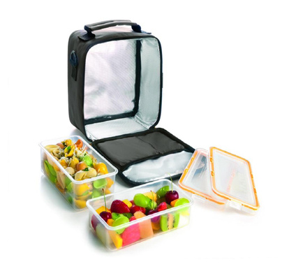 Hőszigetelő táska készlet és két Ibili-Lunch away ebéd rakott, poliészter / szilikon / műanyag, 21x12x22 cm, fekete / narancssár