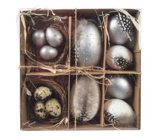 Set decorativ Paste, oua/cuib oua, alb/argintiu