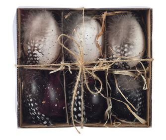 Set 6 oua decorative, cu pene, alb/negru, 4x6 cm