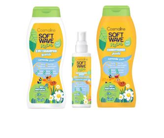 Pachet Sampon 400ml, Spray pentru descalcirea parului 125ml si Balsam 400ml Cosmaline Soft Wave Kids, 90% ingrediente naturale,