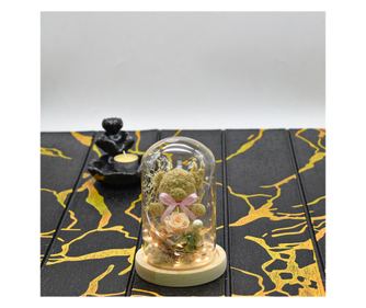 Флорална аранжировка в стъклен купол, LED светлина, D4045, Бяла, 9x15 см
