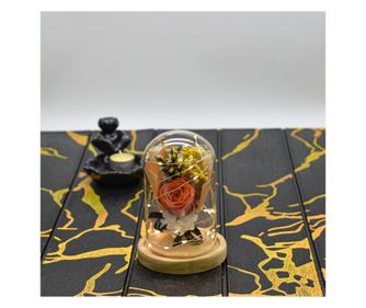 Флорална аранжировка в стъклен купол, LED светлина, D4046, оранжев, 9x15 см