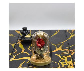 Флорална аранжировка в стъклен купол, Led светлина, D4046, Червена, 9x15 см