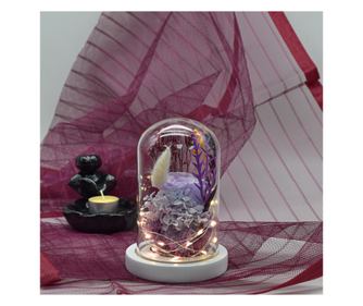 Флорална аранжировка в стъклен купол, Led светлина, D4034, лилаво, 9x15 см