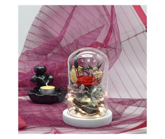 Флорална аранжировка в стъклен купол, Led светлина, D4034, Червена, 9x15 см