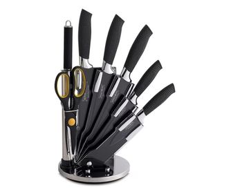 Set cuțite din oțel Royalty Line RL-BLK8W, 8 pm, Suport, Acoperire antiaderentă, Negru