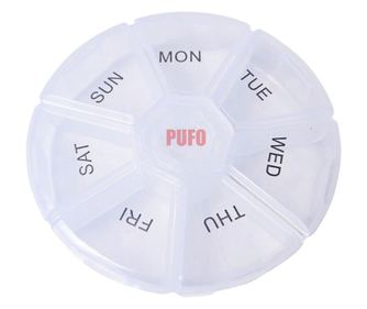 Cutie rotunda pentru organizare medicamente, vitamine sau suplimente pentru o saptamana,Pufo Pill, 9 cm, transparent