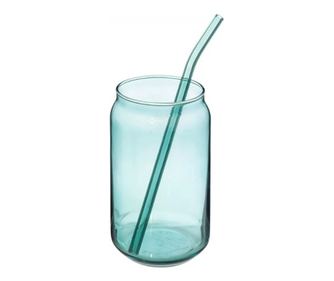 Pahar din sticla borosilicata cu pai pentru bauturi, Retro Blue, 520 ml
