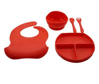 Set 5 piese diversificare bebelusi si copii din silicon eMazing, baveta, farfurie compartimentata cu ventuza, bol cu ventuza, ta