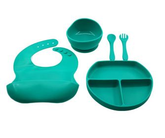Set 5 piese diversificare bebelusi si copii din silicon eMazing, baveta, farfurie compartimentata cu ventuza, bol cu ventuza, ta