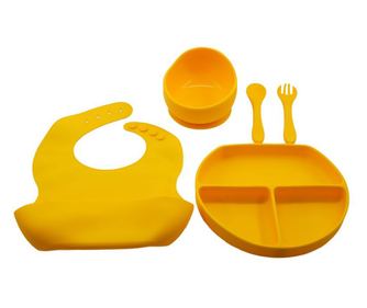 Set 5 piese diversificare bebelusi si copii din silicon eMazing, baveta, farfurie compartimentata cu ventuza, bol cu ventuza, ta