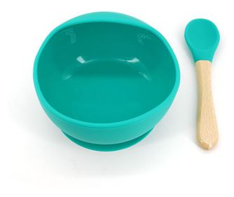 Set 2 piese diversificare bebelusi si copii din silicon eMazing, bol cu ventuza, lingurita din lemn si silicon, pentru gustari,f