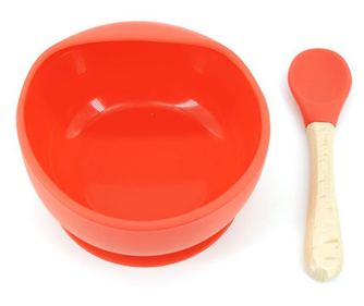 Set 2 piese diversificare bebelusi si copii din silicon eMazing, bol cu ventuza, lingurita din lemn si silicon, pentru gustari,