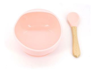 Set 2 piese diversificare bebelusi si copii din silicon eMazing, bol cu ventuza, lingurita din lemn si silicon, pentru gustari,