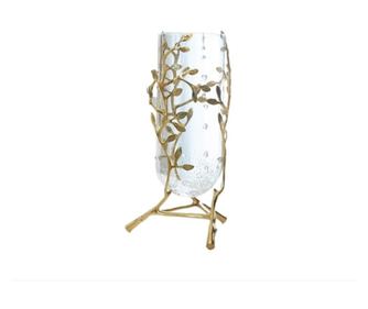 Vaza decorativa pentru flori din sticla, suport metalic auriu motiv floral, 20x20x24cm, Orient