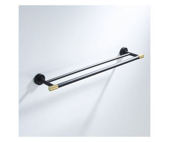 Suport dublu prosop de baie, din metal, negru mat cu accent auriu, 60cm, otel inoxidabil anti-coroziv, accesorii de montaj inclu