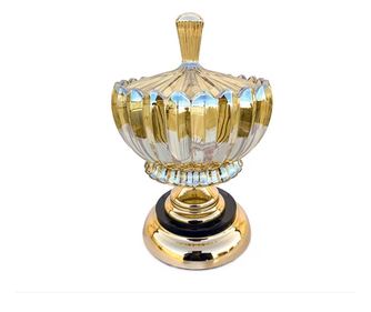 Bomboniera din sticla cu capac si picior, Cairo, sticla transparenta, metal auriu, 16x16x19
