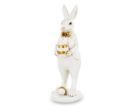 Figurina ceramica iepuras, costum alb/auriu, 31x10 cm