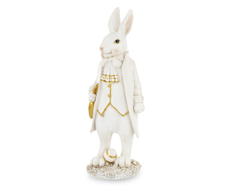 Figurina ceramica iepuras, costum alb/auriu, 35x11 cm