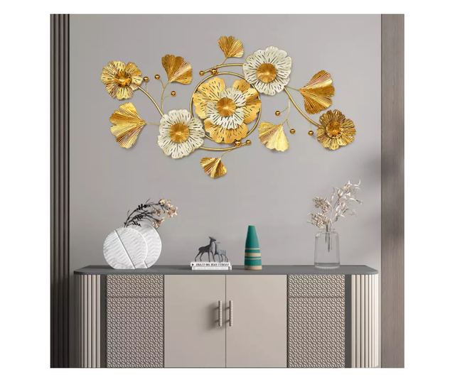 Decoratiune de perete, metalica, White, 116x66cm, model floral