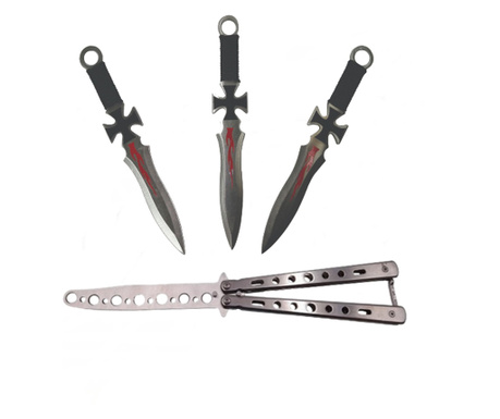 Комплект Нож за пеперуда и 3 Ножове за хвърляне , IdeallStore , Неръждаема стомана,