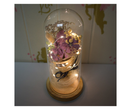 Aranjament floral in cupola de sticla, lumina Led, D4049, Viorele Mov