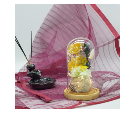 Aranjament floral in cupola de sticla, lumina Led, D4050, Galben