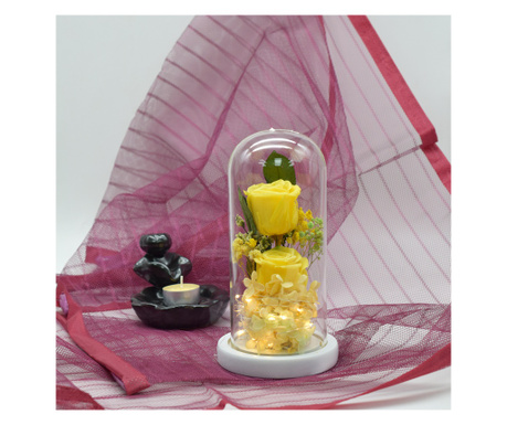 Aranjament floral in cupola de sticla, lumina Led, D4008, Galben