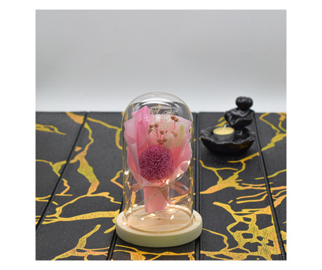 Aranjament floral in cupola de sticla, lumina Led, D4038, Roz