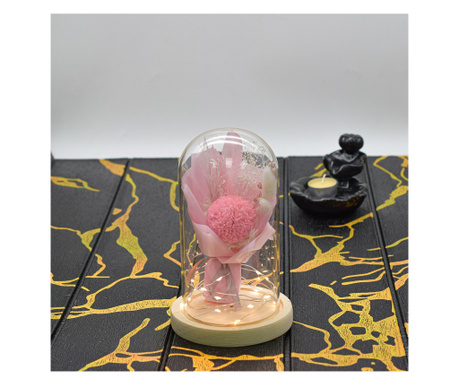 Aranjament floral in cupola de sticla, lumina Led, D4038, Roz pal