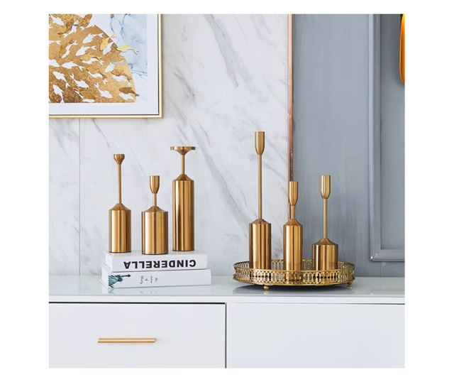 Set 6 buc suport lumanari Luce, din metal auriu, diferite dimensiuni