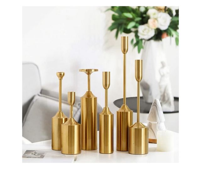 Set 6 buc suport lumanari Luce, din metal auriu, diferite dimensiuni