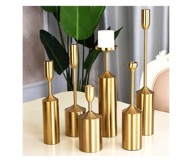 Set 6 buc suport lumanari Luce, din metal auriu, diferite dimensiuni