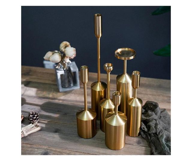 Set 6 buc suport lumanari Luce, din metal auriu, diferite dimensiuni
