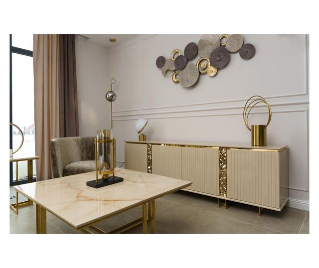 Vaza decorativa pentru flori sau lumanari, Sens M, suport metalic auriu, sticla fumurie, 23x23x44cm