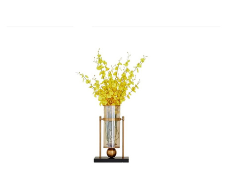 Vaza decorativa pentru flori sau lumanari, Sens M, suport metalic auriu, sticla fumurie, 23x23x44cm