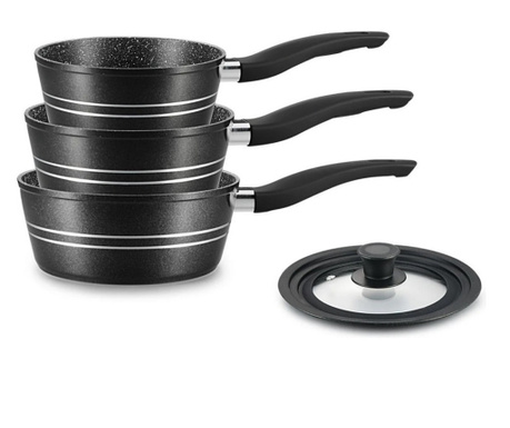 Set caserole cu capac universal Royalty Line RL-FS3M, 4 ore, Finisaj marmura, Inductie, Negru