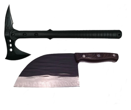 Kalózkoponya balta készlet, 39 cm és Hullámpenge kés, 30 cm, IdeallStore, rozsdamentes acél, fekete