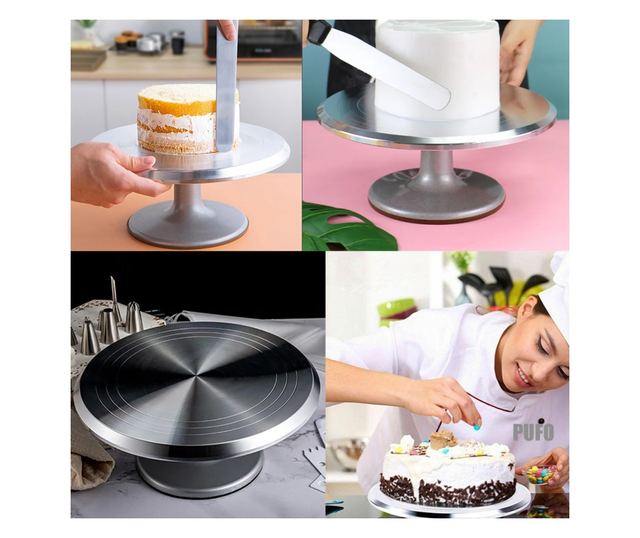 Pufo Cake professzionális forgatható dísztányér rozsdamentes acélból tortabemutatóhoz és díszítéshez, 30 cm