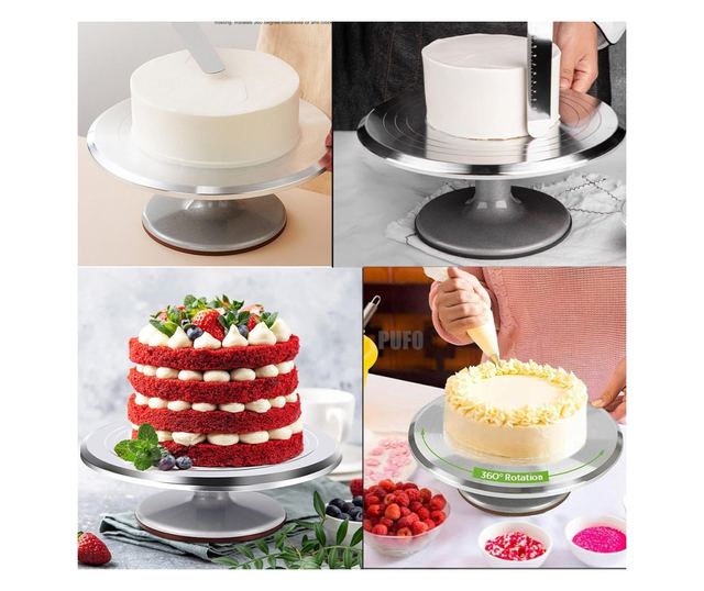Pufo Cake professzionális forgatható dísztányér rozsdamentes acélból tortabemutatóhoz és díszítéshez, 30 cm