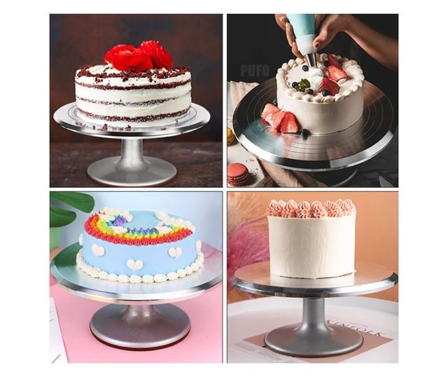 Pufo Cake professzionális forgatható dísztányér rozsdamentes acélból tortabemutatóhoz és díszítéshez, 30 cm