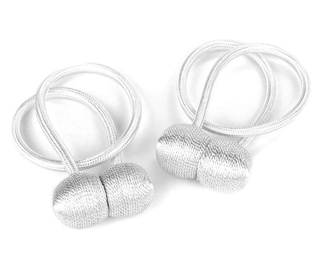 Set 2 magneti decorativi pentru prinderea perdelelor si draperiilor Bootic®, forma rotunda, snur textil 41 cm - Alb