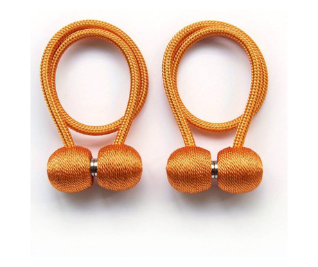 Set 2 magneti decorativi pentru prinderea perdelelor si draperiilor Bootic®, forma rotunda, snur textil 41 cm - Portocaliu