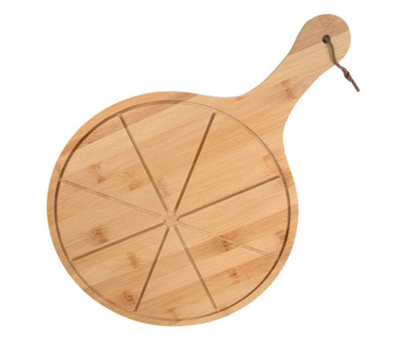 Platou rotund Pufo din lemn de bambus cu maner pentru servire alimente, aperitive, pizza, 43 x 30 cm, maro