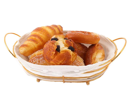 Cos metalic oval Pufo de bucatarie pentru servire paine, cu picioruse si husa detasabila textila, 26 x 19 cm, auriu
