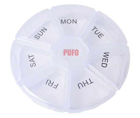 Cutie rotunda pentru organizare medicamente, vitamine sau suplimente pentru o saptamana,Pufo Pill, 9 cm, transparent