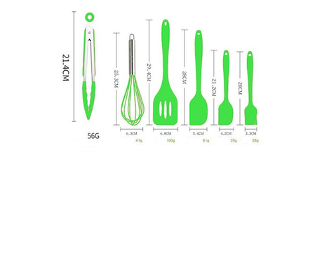 Set 6 Ustensile din Silicon Termorezistent Alimentar Tel, Cleste, 2 Spatule, 1 Paleta Perforata si 1 Pensula Verde