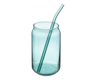 Pahar din sticla borosilicata cu pai pentru bauturi, Retro Blue, 520 ml